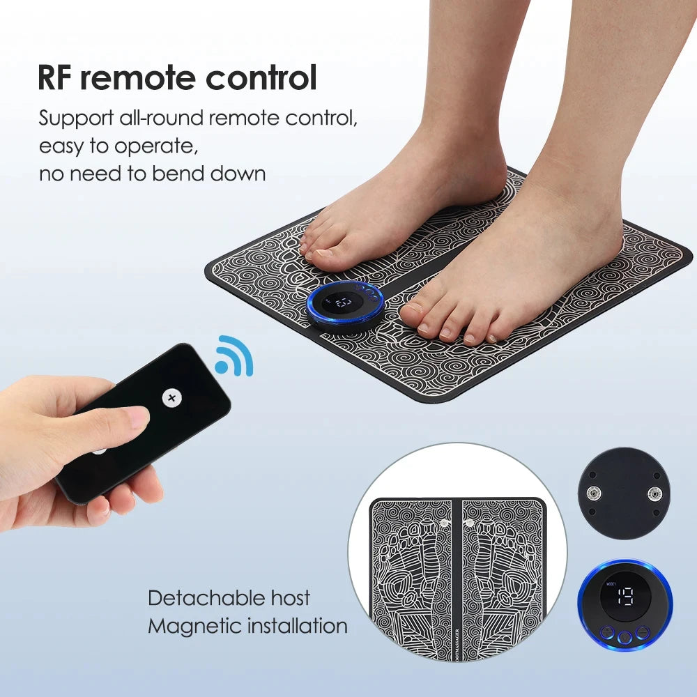 EMS electric foot massager mat with remote control, detachable magnetic display, and black patterned surface.