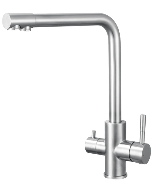 Brushed stainless steel kitchen faucet with three-way controls and tall swivel spout