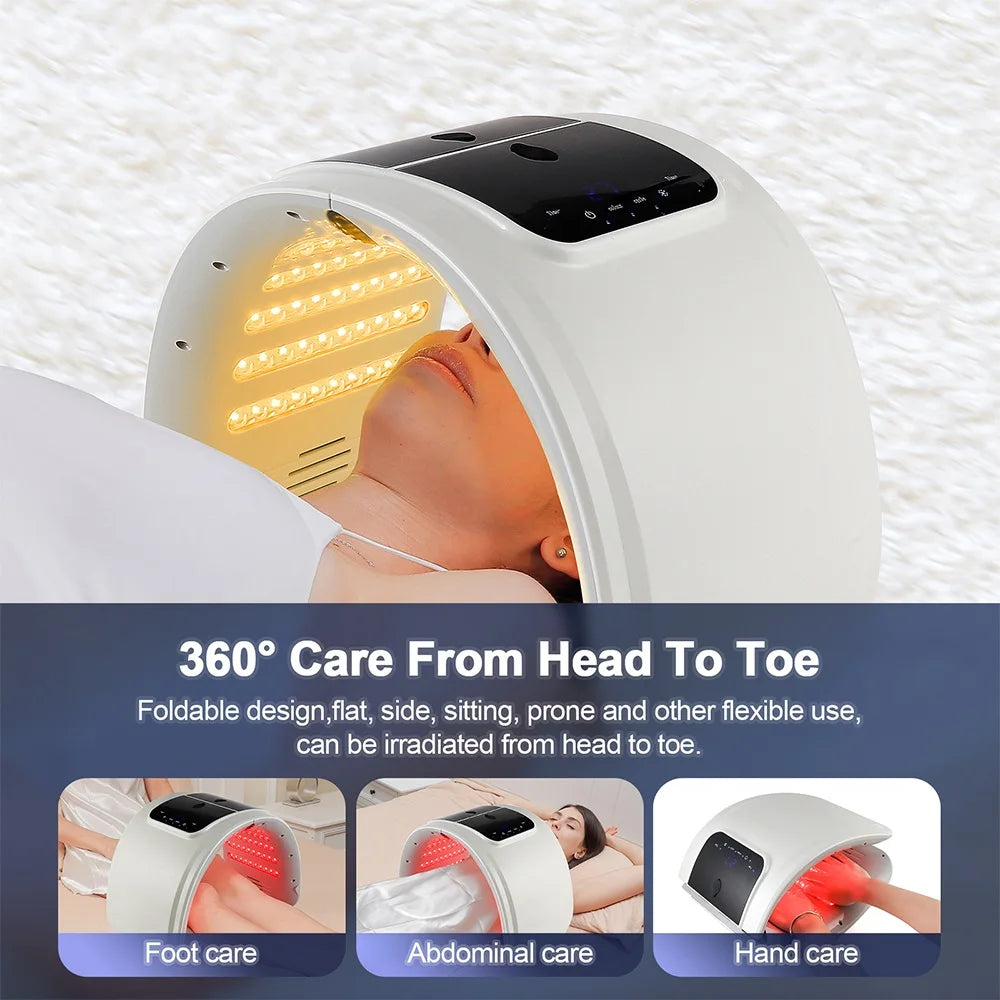 White, arched LED light therapy device used on a person's face, with smaller panels showing foot, torso, and hand care.