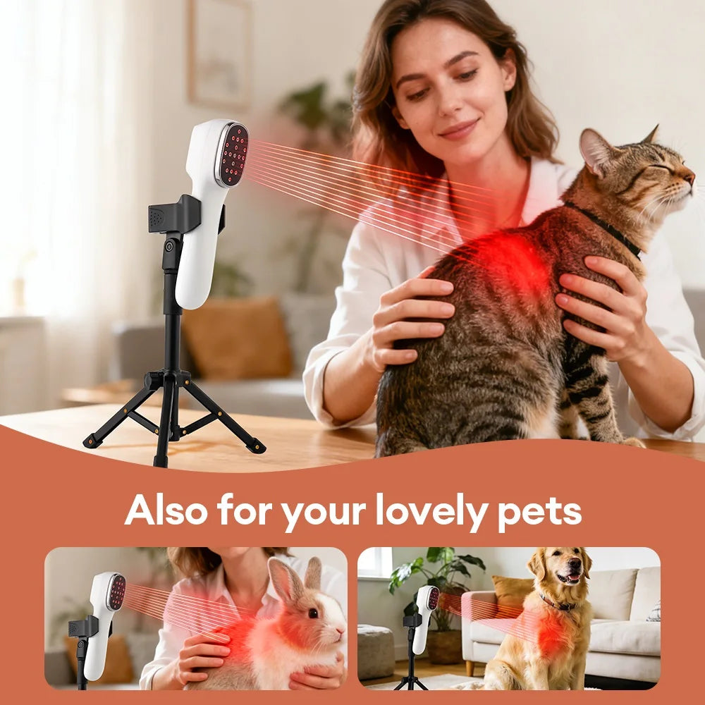 White handheld red light therapy device on a tripod, shining red light on a cat, rabbit, and dog.