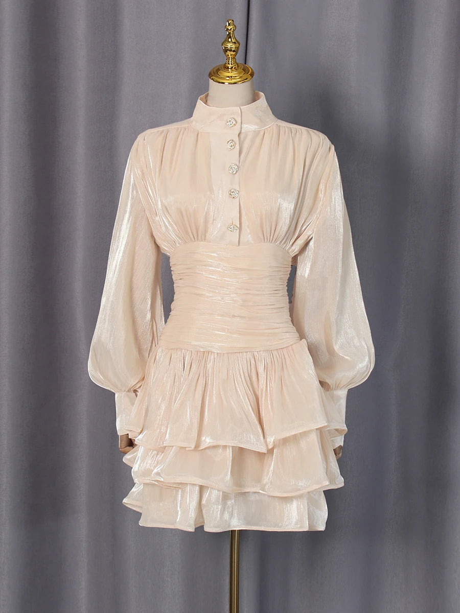 VGH Beach Style Solid Casual Short Dresses For Women Stand Collar Long Sleeve High Waist Spliced Button Chic Dress Female New