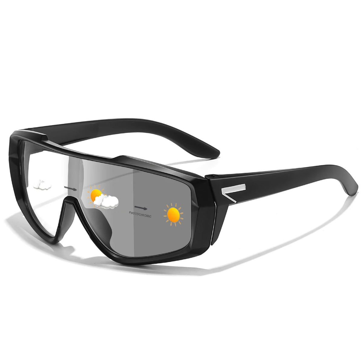 Photochromic cycling sunglasses, matte black frame with gray lenses and sporty wrap style.