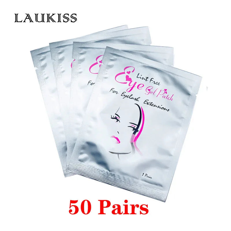 Lint-free silver gel eye patches for eyelash extensions in individual foil sachets. Soft under-eye pads for makeup.