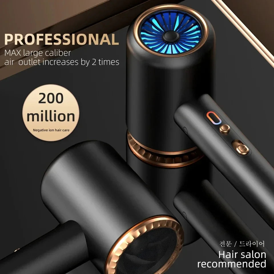 F33 professional high-speed matte black hair dryer with rose gold trim, negative ion tech, and turbine airflow.