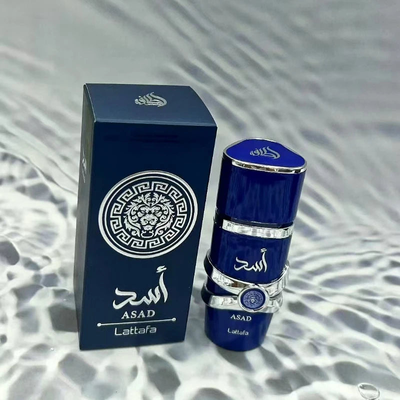 Lattafa Asad EDP for men, blue cylinder bottle with lion logo, long-lasting luxury niche Arabic fragrance perfume.