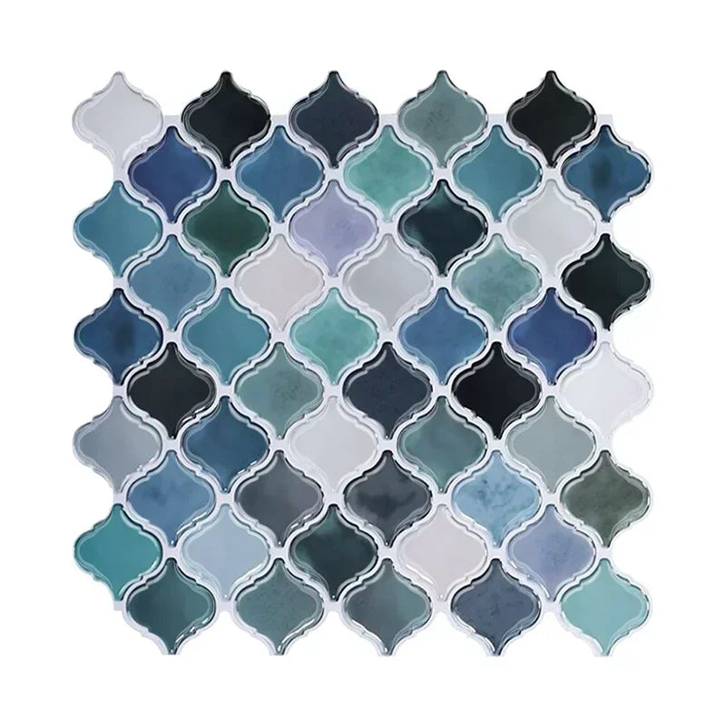 Self-adhesive mosaic vinyl wall tile stickers, blue and teal quatrefoil pattern sheet