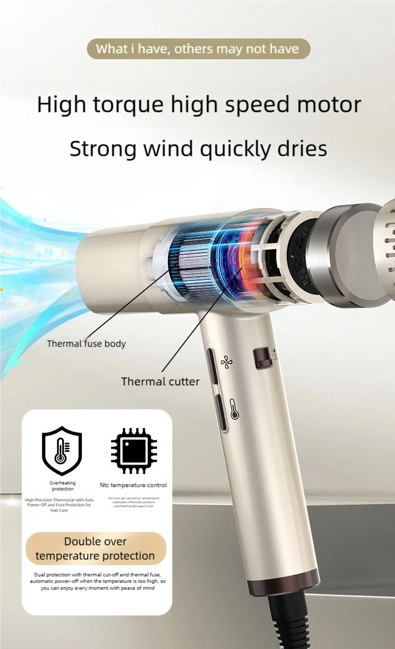 TINSOL gold high-speed negative ion hair dryer with advanced thermal fuse motor for fast, safe salon-quality drying.