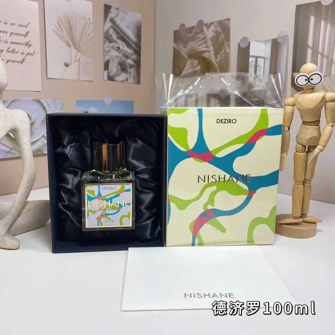 Nishane Deziro Extrait de Parfum for men: 100ml square bottle with colorful artistic label in a luxury gift box.