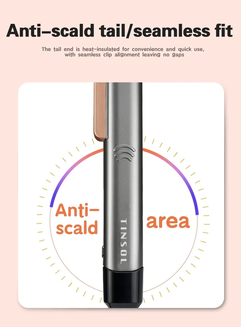 TINSOL 2-in-1 hair straightener and curling iron with gray finish, anti-scald design, and seamless clip for styling.