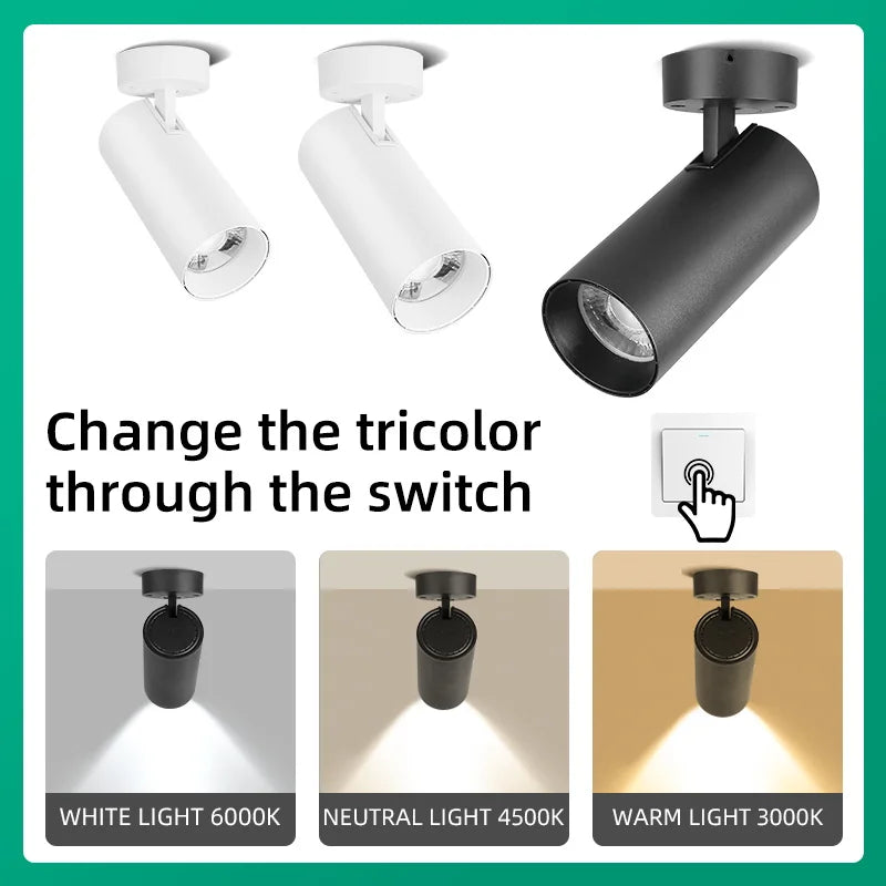 Led Spotlights 85-265V Led Downlight Surface Mounted Spot Lamps Tricolor Indoor Lighting Fixture for Living Room Bedroom Kitchen