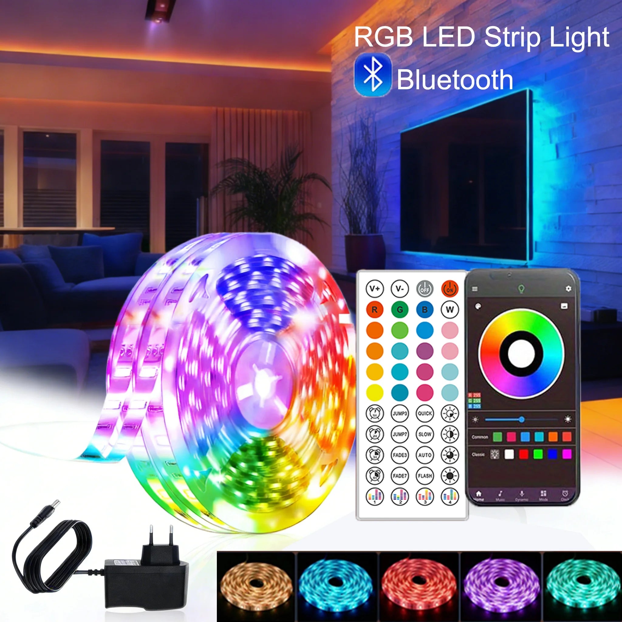 RGB LED strip light reel kit with app control phones and power adapter