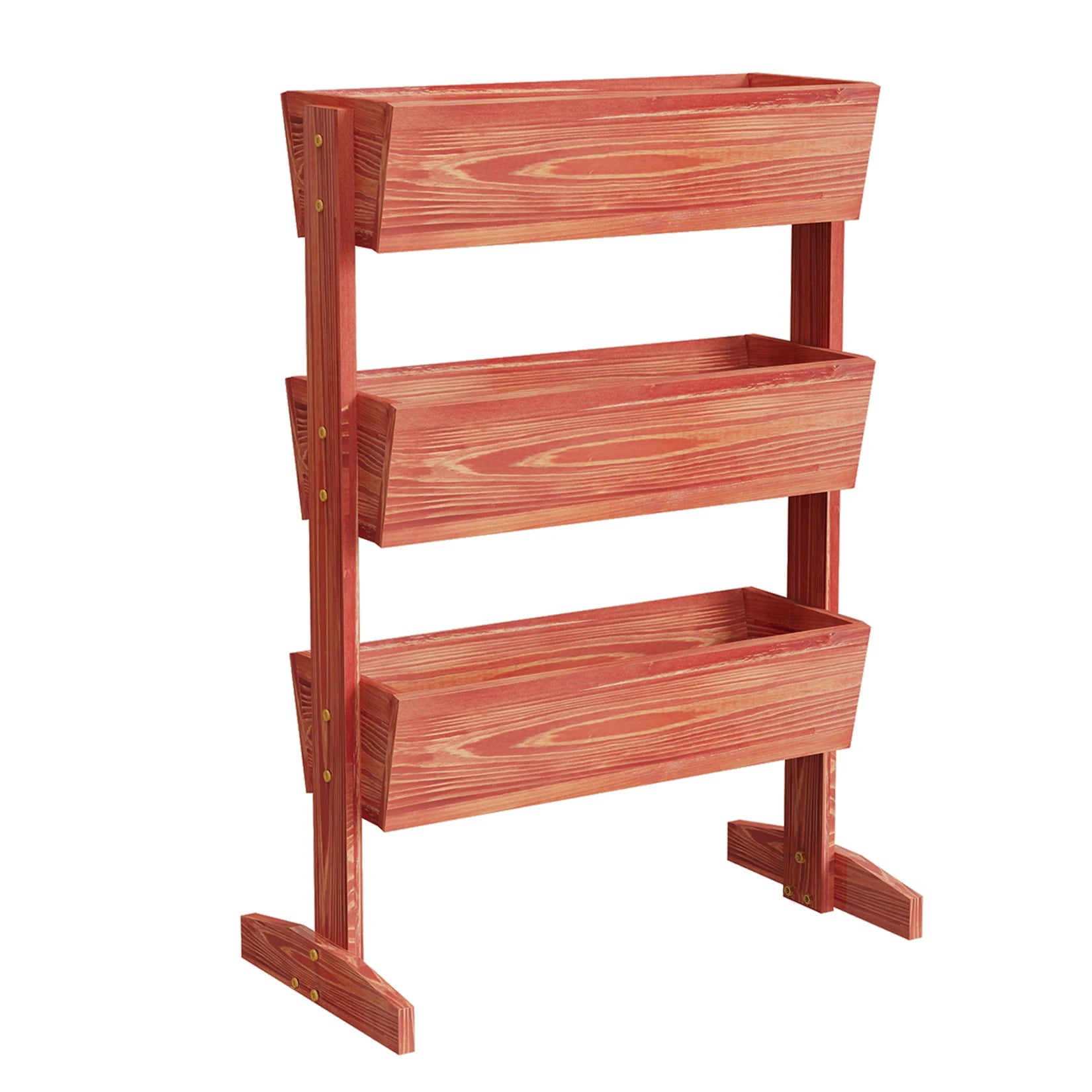 Reddish brown wooden vertical planter with three raised tiers and side supports