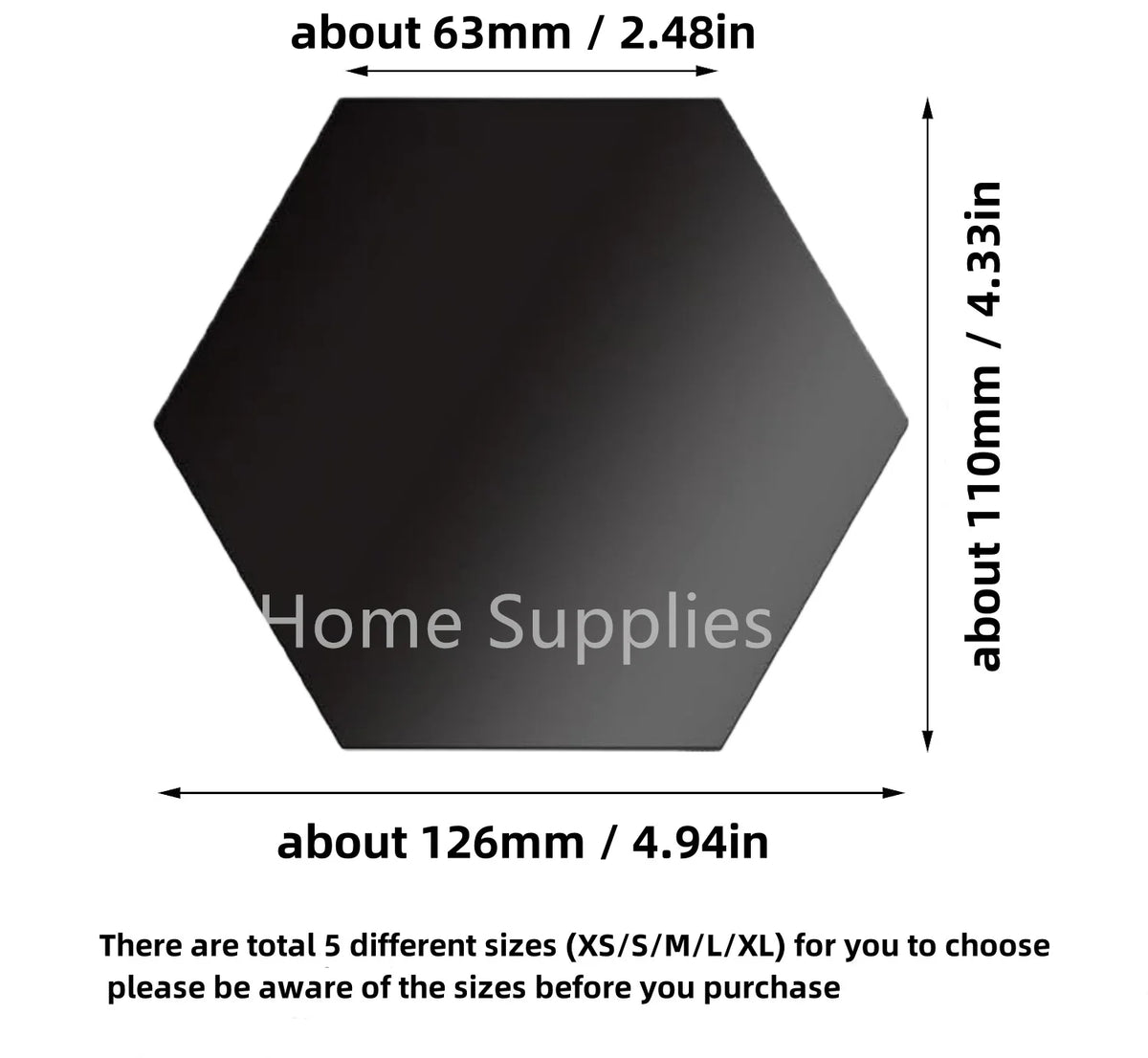 Black hexagon mirror sticker tile, about 126mm; self-adhesive mosaic decal