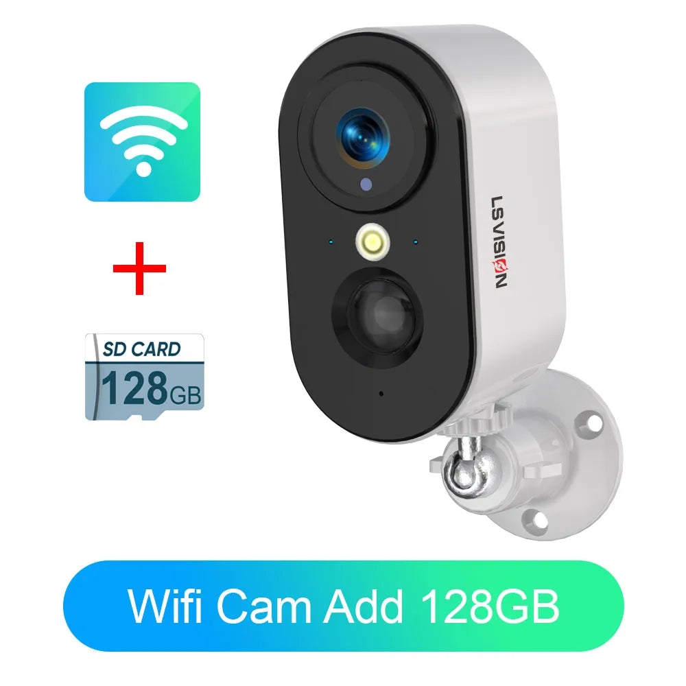 WiFi wireless PTZ battery camera in white and black with larger SD card add-on