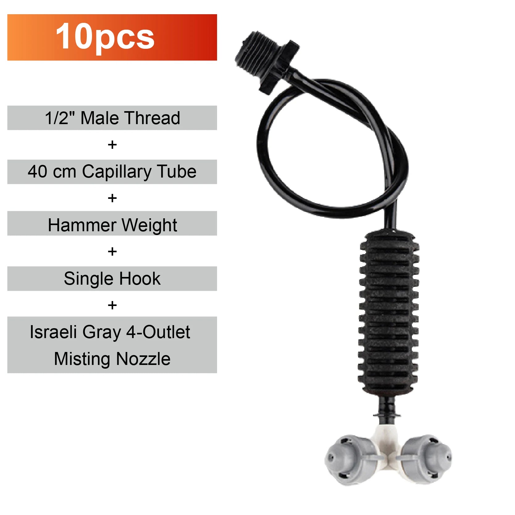 Misting sprinkler nozzle with black ribbed body, capillary tube, and four-way outlet base