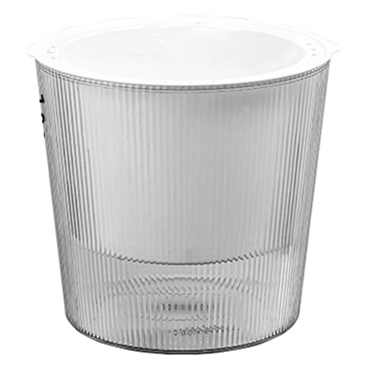 Transparent self-watering planter pot with vertical ridges and built-in water reservoir.