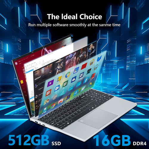 Silver 15.6-inch laptop with a black backlit keyboard, large trackpad, fingerprint sensor, and side USB-C/HDMI ports.