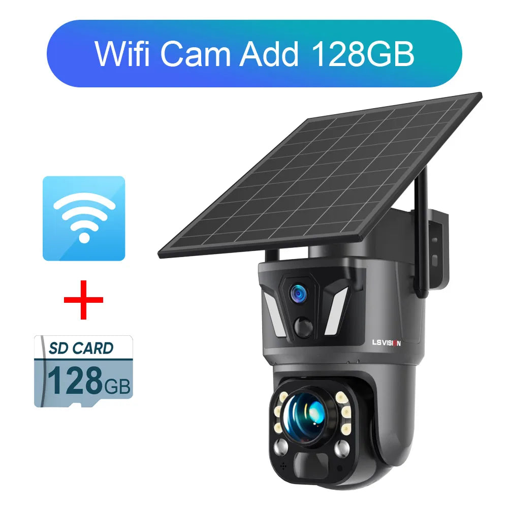 WiFi solar PTZ security camera with 128GB SD card, dark gray housing and solar panel