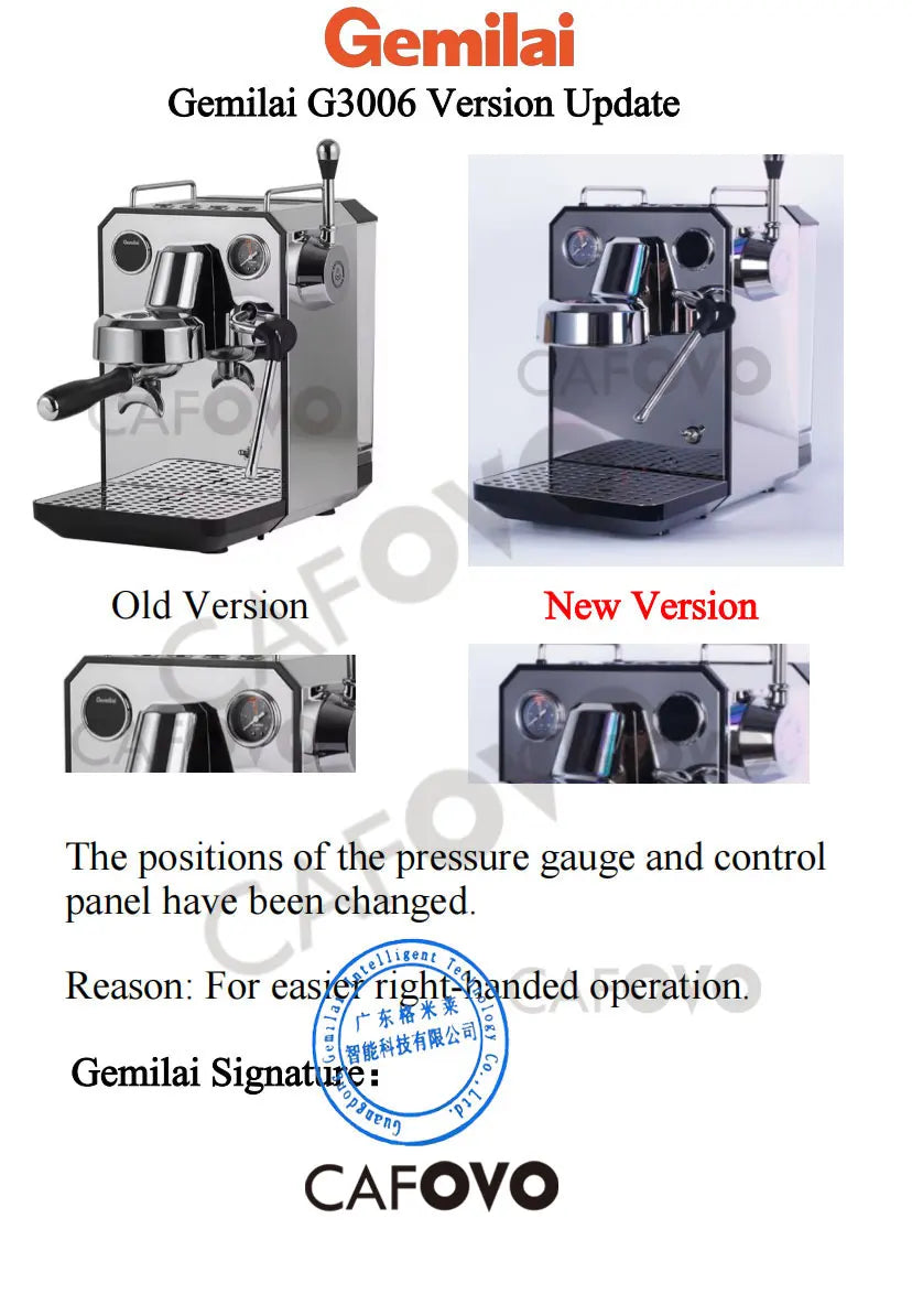 Gemilai G3006 stainless steel espresso machine showing updated pressure gauge and control layout for ergonomic use.