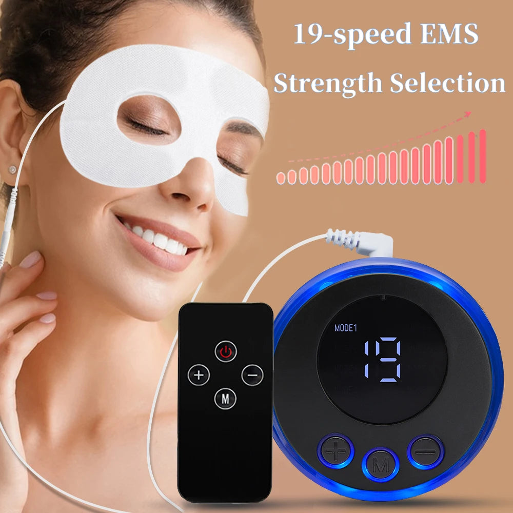 Woman wearing white EMS eye massage mask with 19-speed blue control unit for anti-wrinkle facial lifting treatment.