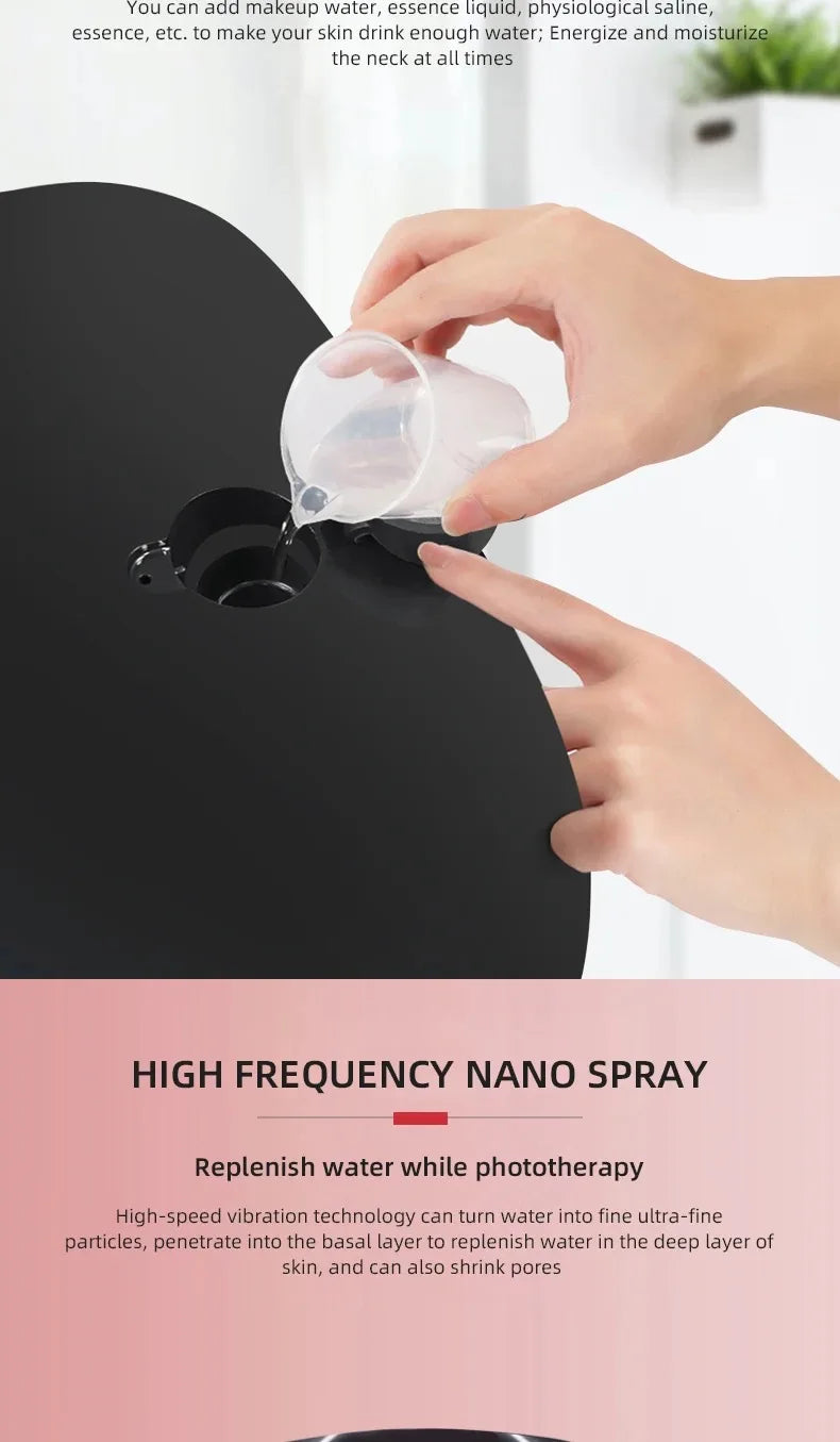 Filling the water tank of a PDT LED light therapy mask for high-frequency nano spray facial rejuvenation.