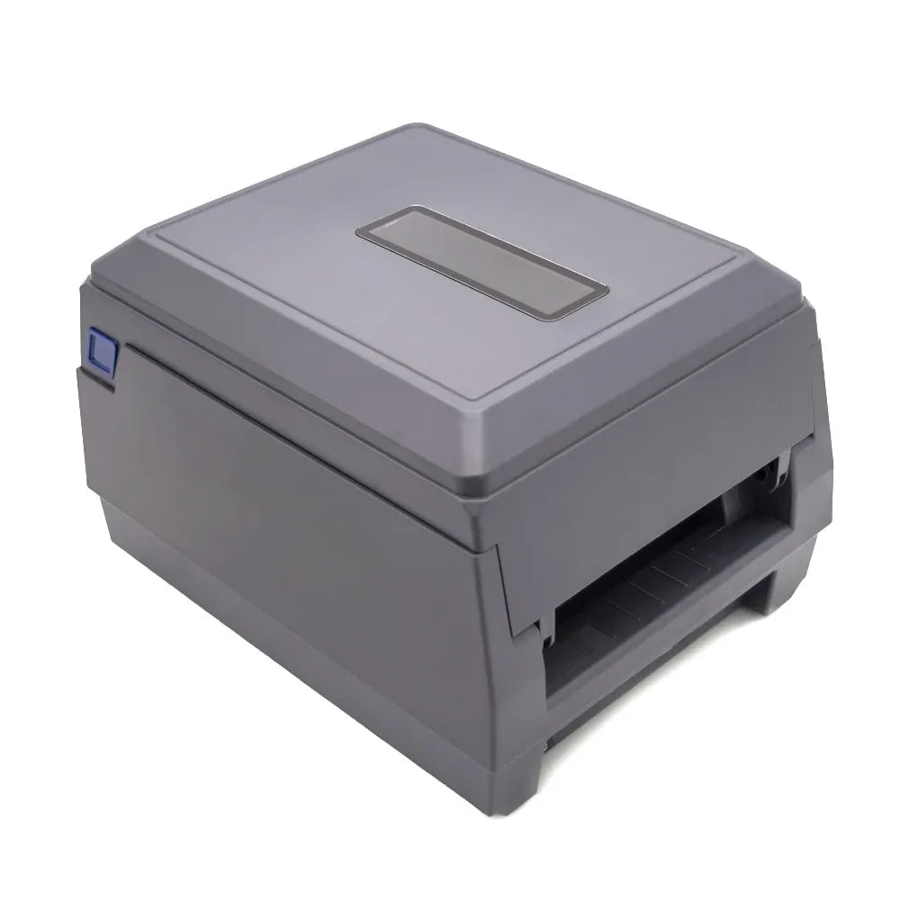 Gray barcode label printer with top window and side label feed opening