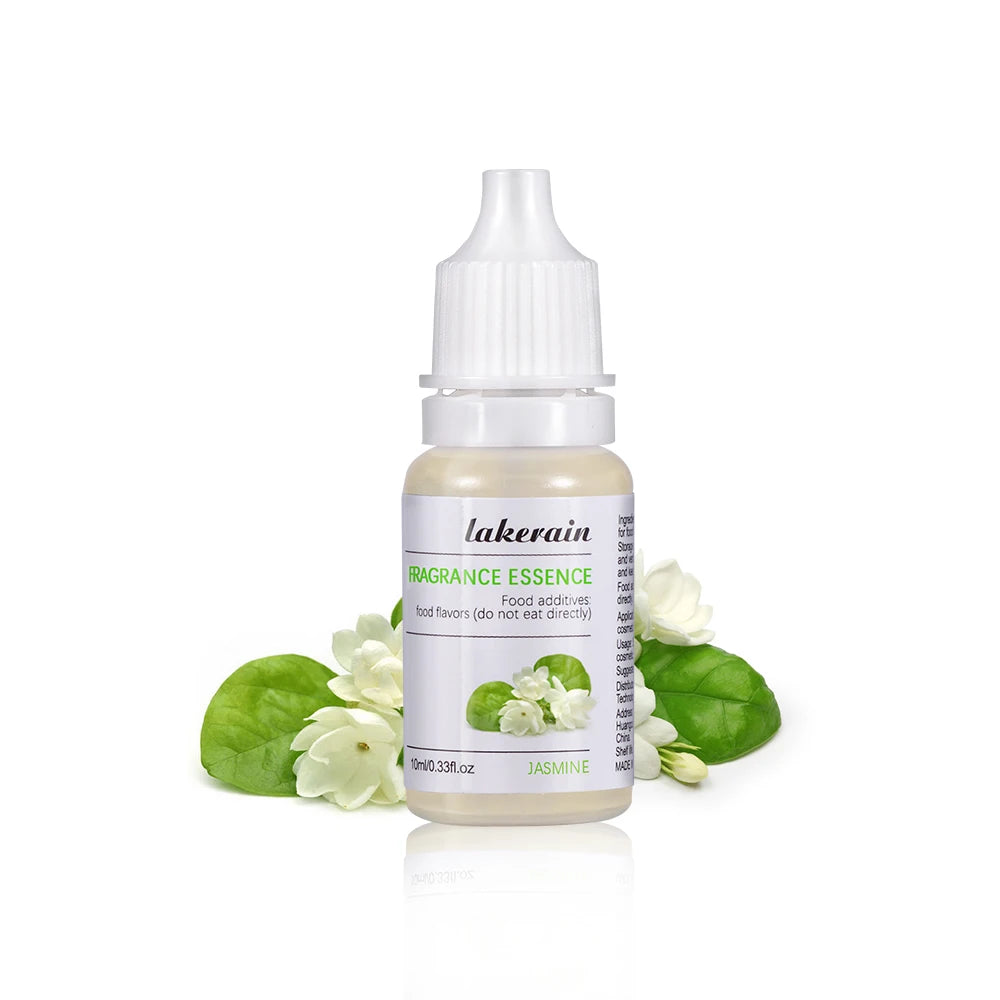 10ml Lakerain jasmine fragrance oil for DIY lip gloss and soap making in a clear squeeze bottle with floral design.