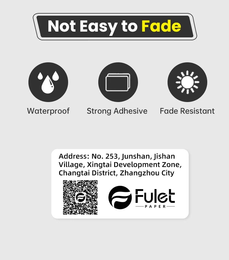 Barcode label with QR code and durability icons: waterproof, strong adhesive, fade resistant.