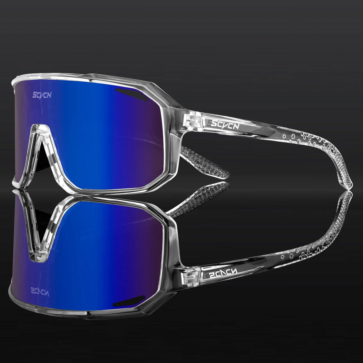 Cycling UV400 sunglasses with blue mirrored lenses and clear frame, close angle