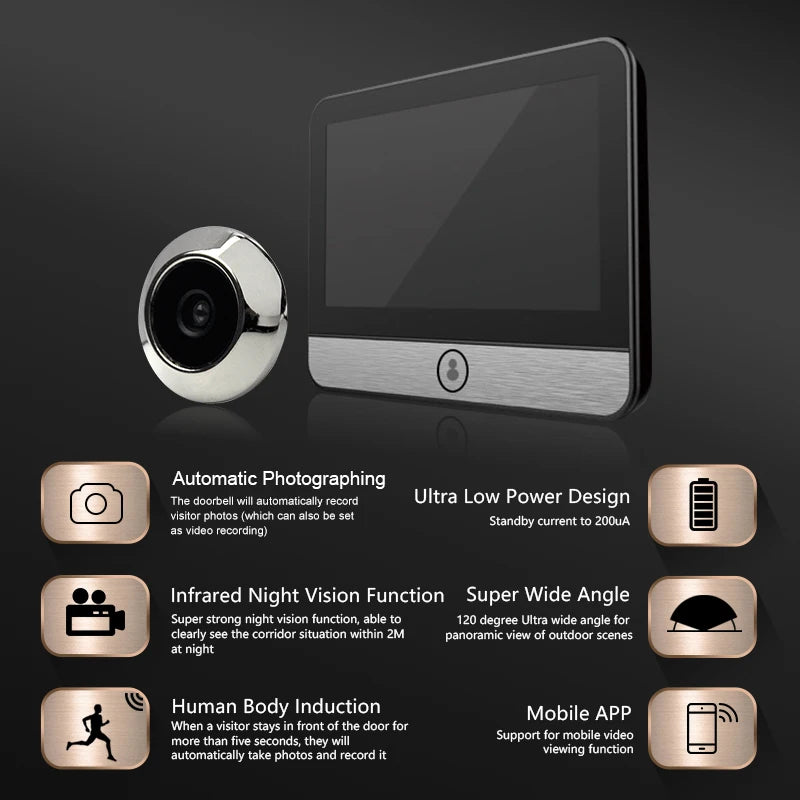 4.3 "IPS Large Capacity Display Doorbell Peep Hole Smart Cat Eye Digital Door Camera 120 ° 2K300W Pixel Doorbell Outdoor Monitor