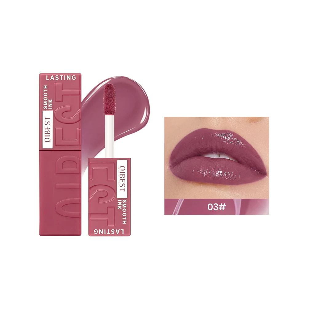 QIBEST 03# mauve watery lip glaze, long-lasting mirror finish liquid lipstick with high-shine, moisturizing texture.
