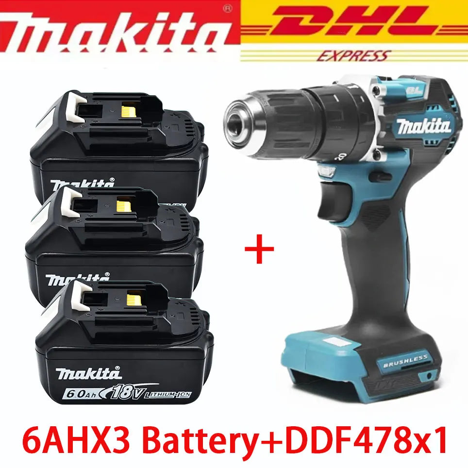 Makita DDF487 Cordless Drill Driver 18V Brushless Power Tool with BL1860 6.0Ah Lithium Battery Compact High-Torque Screwdriver for Wood Metal Home Repair Furniture Assembly Professional DIY Use Fast Charging Compatible Heavy