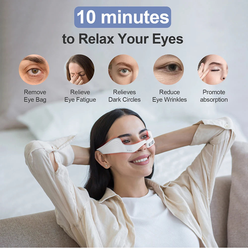 Woman wearing white electric red light eye massager glasses for anti-wrinkle, dark circle, and fatigue relief.