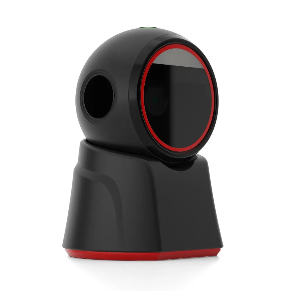 Black desktop omnidirectional barcode scanner with red illuminated ring