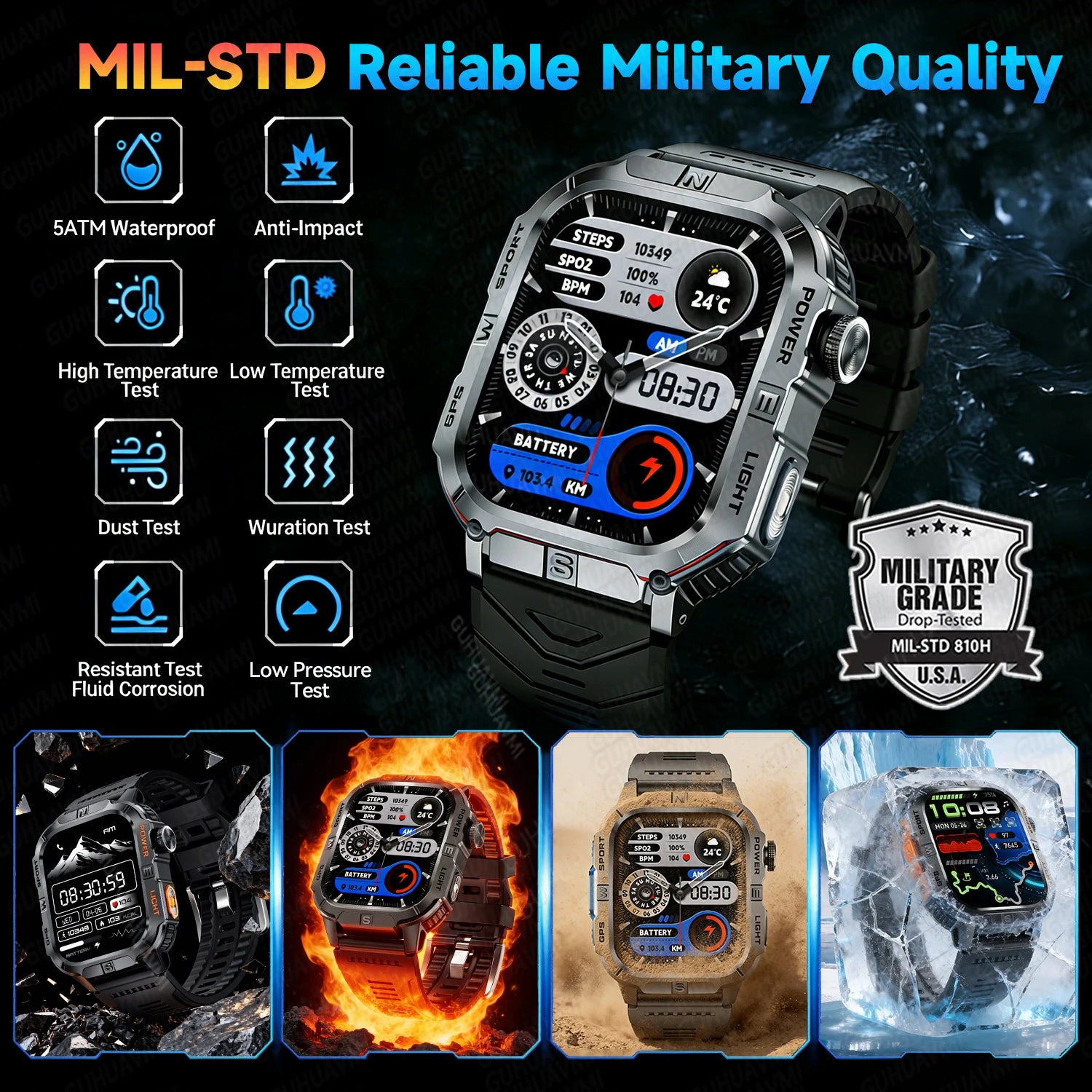 2026New Outdoor Military Men's Smartwatch, Equipped With GPS LED Lighting, Compass, Wireless Communication IP68 Waterproof Watch