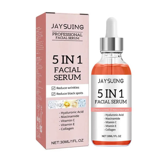 5-in-1 facial serum bottle with silver dropper and pink product box, orange liquid