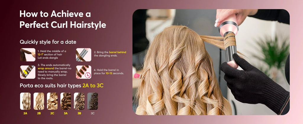 5-in-1 auto-wrap hair curler in rose gold styling blonde hair. Professional frizz-free blow dryer brush tool.