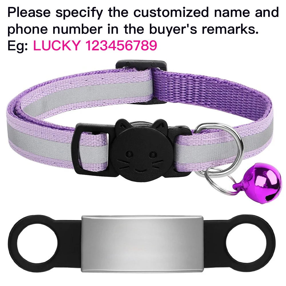 Custom purple reflective cat collar with bell, personalized ID nameplate for anti-lost puppy and kitten safety.