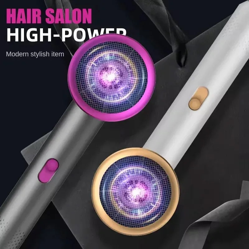 Professional high-speed hair dryer with negative ion tech, available in sleek grey with pink or gold accents.