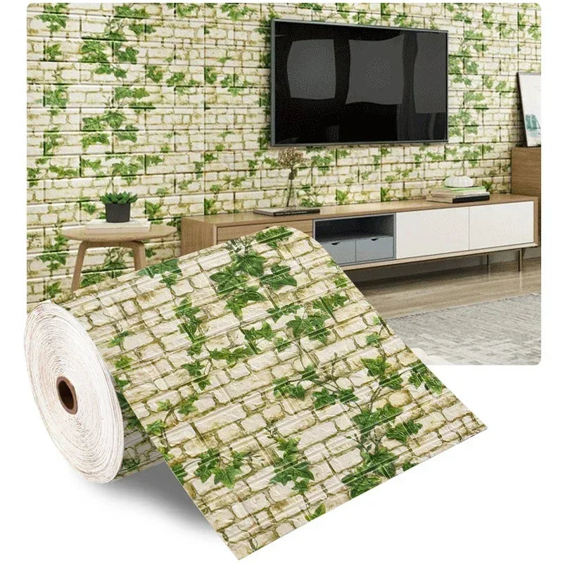Light green 3D brick self-adhesive foam wallpaper roll with vine plant print