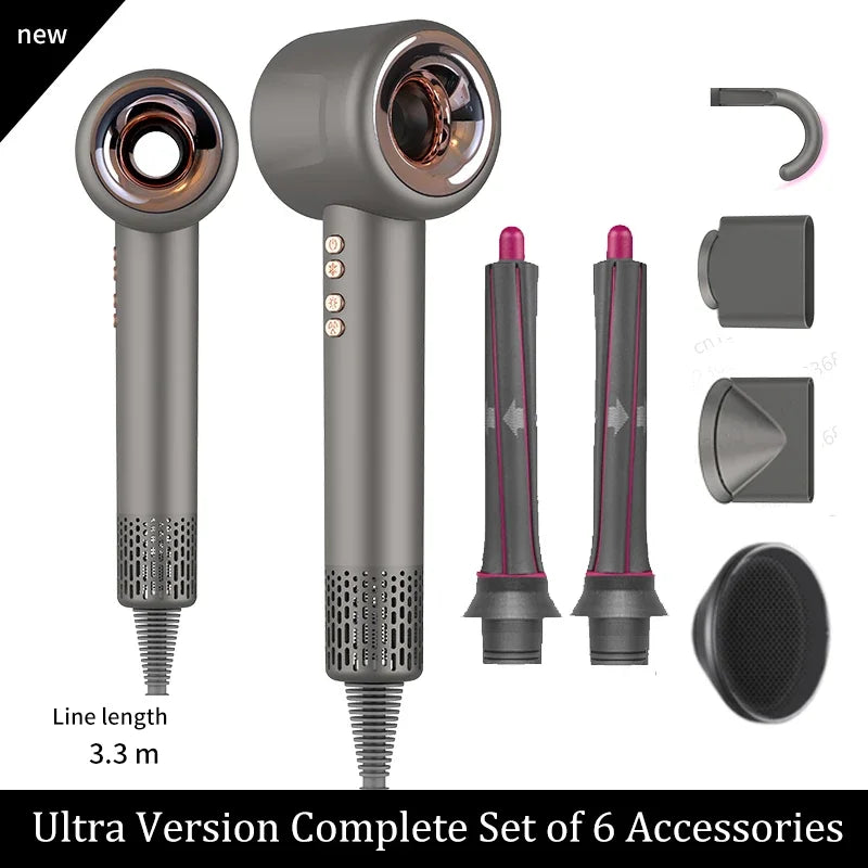 Grey 1600W leafless negative ion hair dryer with 6 styling attachments and long power cord for salon-quality results.