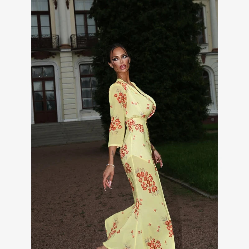 Fashion Sexy Organza Floral Printed Maxi Dress V-neck Puff Sleeve 2026 New Summer Romantic Women Party Gown Elegant Lady Vestido