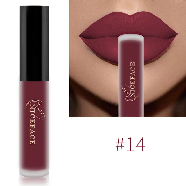 Niceface waterproof matte liquid lipstick in deep burgundy shade #14 with smooth long-lasting matte finish.