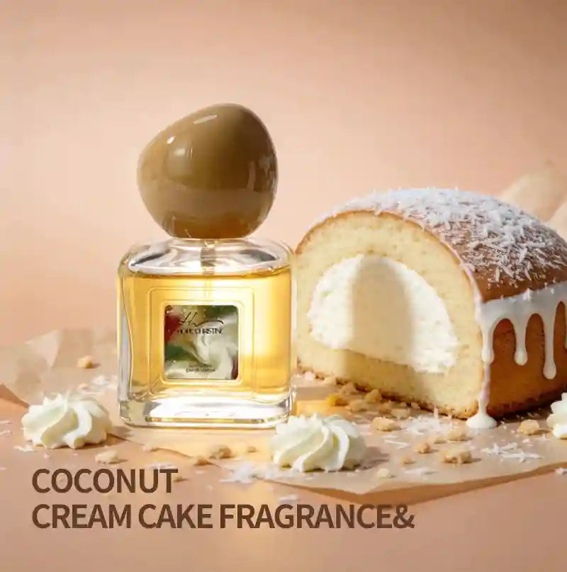 Long-lasting coconut vanilla EDP perfume for women and men in a square glass bottle with a round brown cap. Gourmand.