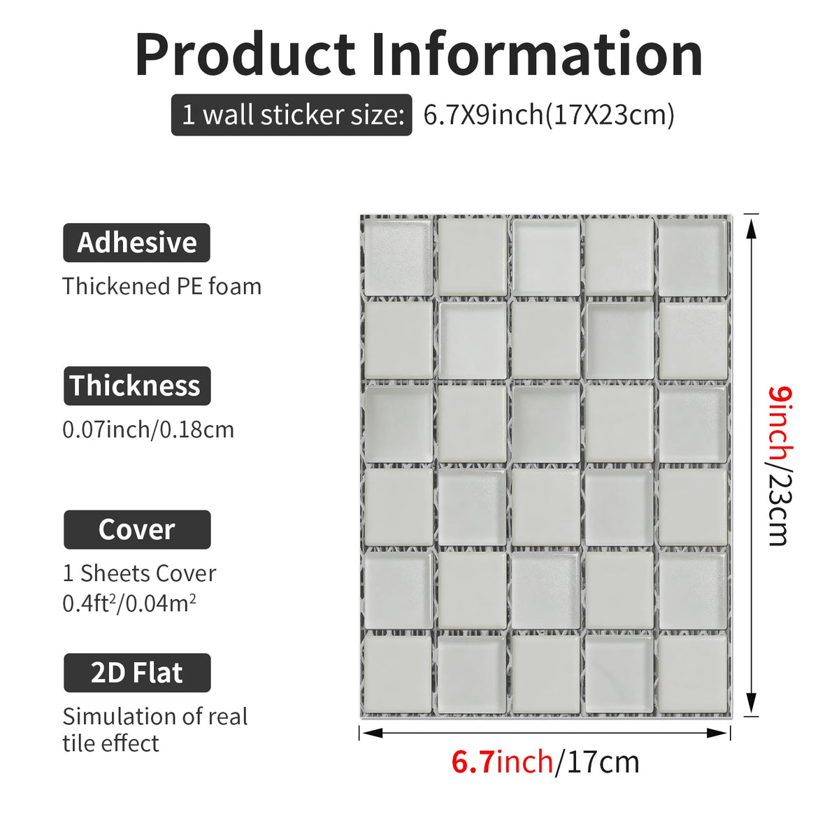White mosaic tile wall sticker sheet with metallic 3D square tile blocks