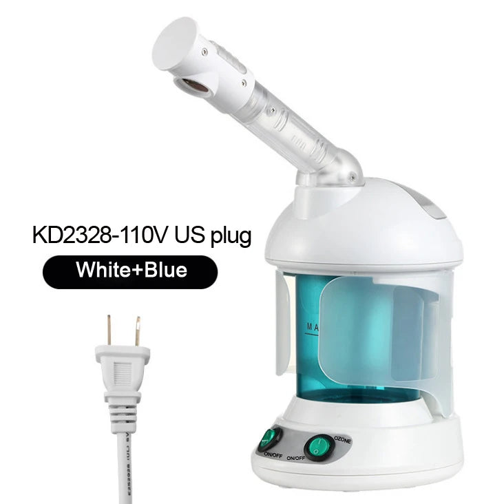 White and blue facial steamer for home spa with ozone vaporizer and adjustable spray nozzle for deep pore cleansing.