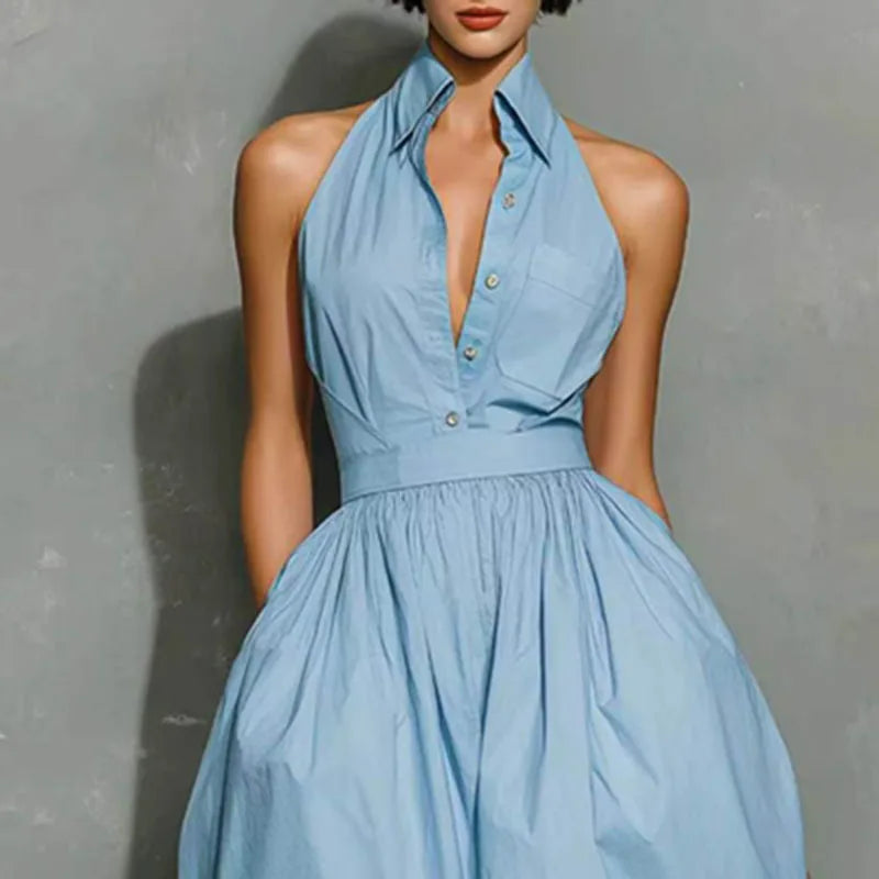 French Elegant Lapel Neck Button Maxi Dress Woman Spring Solid High Ruched Waist Long Dresses Summer Sleeveless Loose Boho Dress