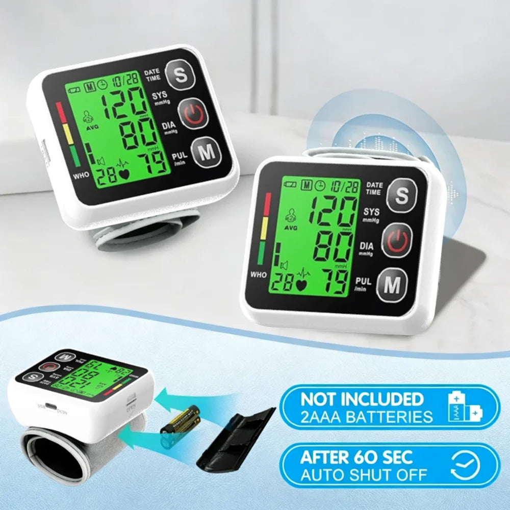Digital Tensiometer Health Medical BP Sphygmomanometer Wrist Cuff Digital Blood Pressure Monitor Heart Rate Pulse Meter Tonomete