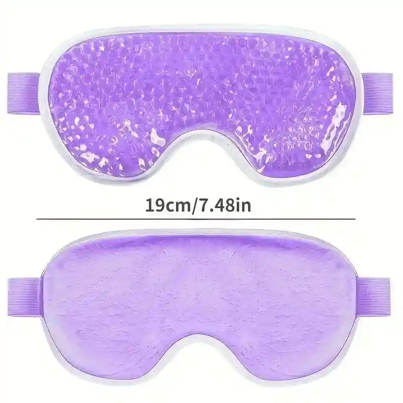 Purple gel eye mask, 19cm wide, with one side featuring cooling beads and the other side soft, plush fabric.