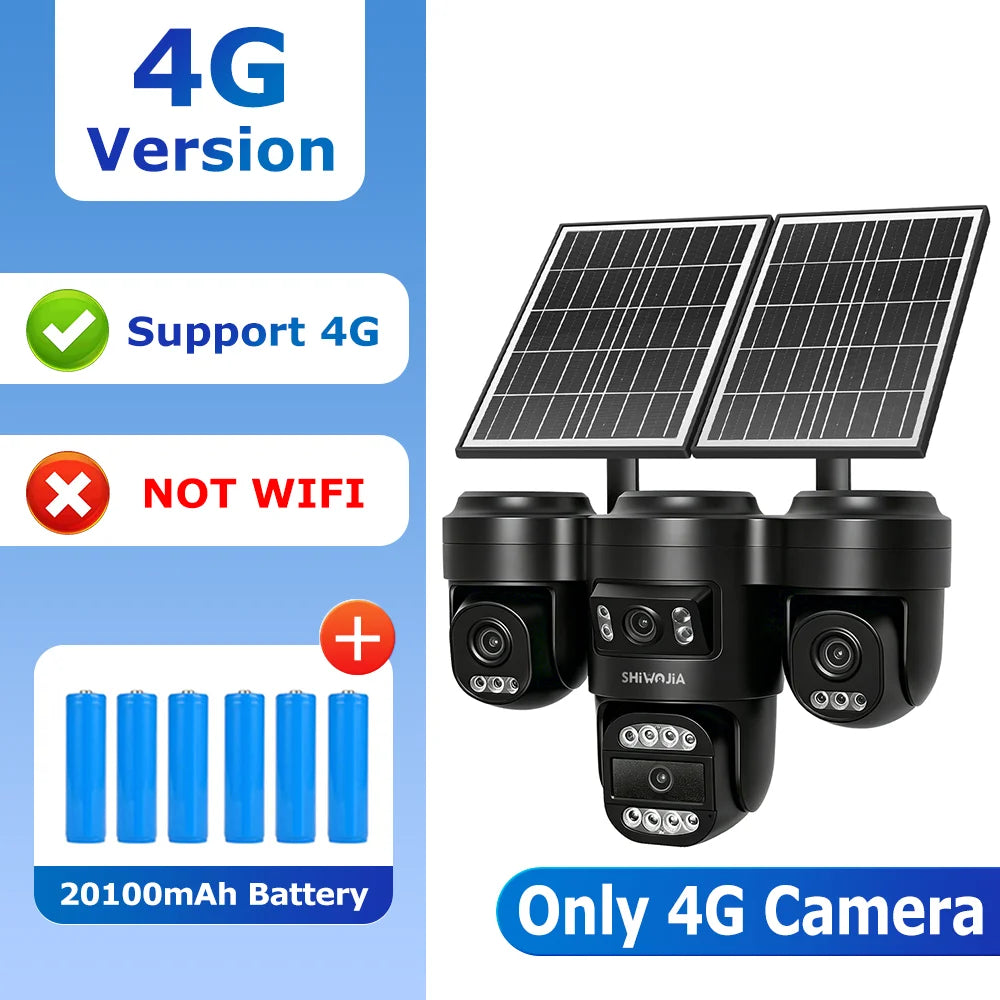 4G solar security camera with quad lenses, two solar panels, black outdoor CCTV